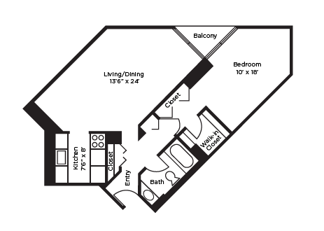 Floor plan for 1 bed, 1 bath, 825 sqft